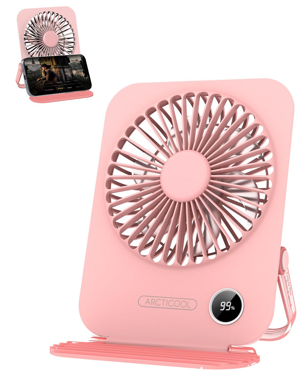 ARCTICOOL Small Table Fan with LED Display, 2000mAh Battery Rechargeable Fan with 5 Speeds, 5.8 Inch Mini Desktop Fan with 180° Tilt Folding and Phone Stand for Home and Office (Black)