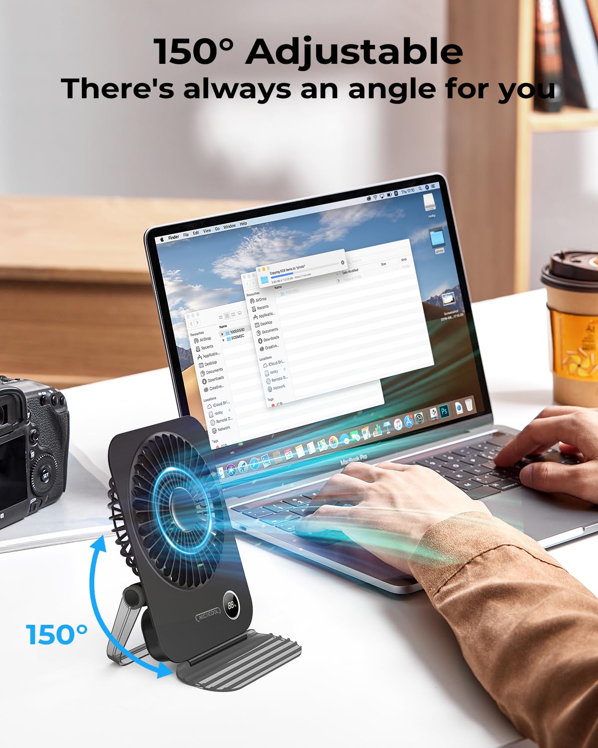ARCTICOOL Small Table Fan with LED Display, 2000mAh Battery Rechargeable Fan with 5 Speeds, 5.8 Inch Mini Desktop Fan with 180° Tilt Folding and Phone Stand for Home and Office (Black)