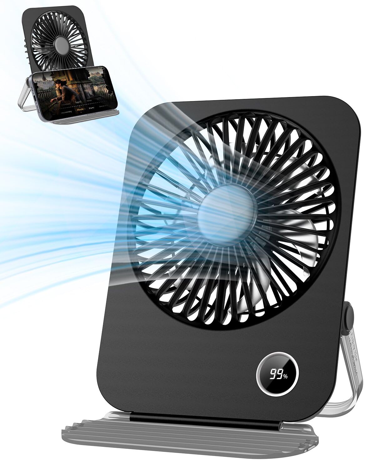 ARCTICOOL Small Table Fan with LED Display, 2000mAh Battery Rechargeable Fan with 5 Speeds, 5.8 Inch Mini Desktop Fan with 180° Tilt Folding and Phone Stand for Home and Office (Black)